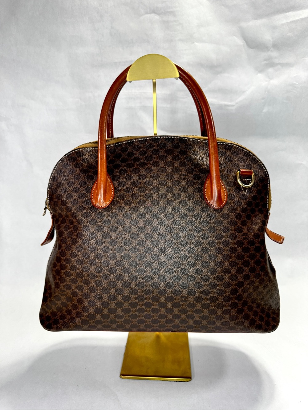 Vintage CELINE Macadam Boston Bag Brown Leather 2-Way Shoulder Satchel